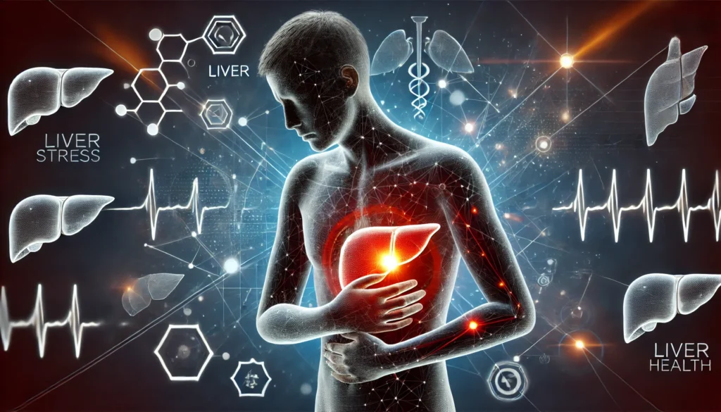 10 Signs You Need a Liver Detox: How to Recognize Symptoms and Support Your Health 3 A conceptual digital illustration of a person experiencing liver stress symptoms, such as fatigue and nausea. The person is holding their side near the liver area, with a glowing red spot indicating discomfort. The dark background features abstract medical symbols related to liver health