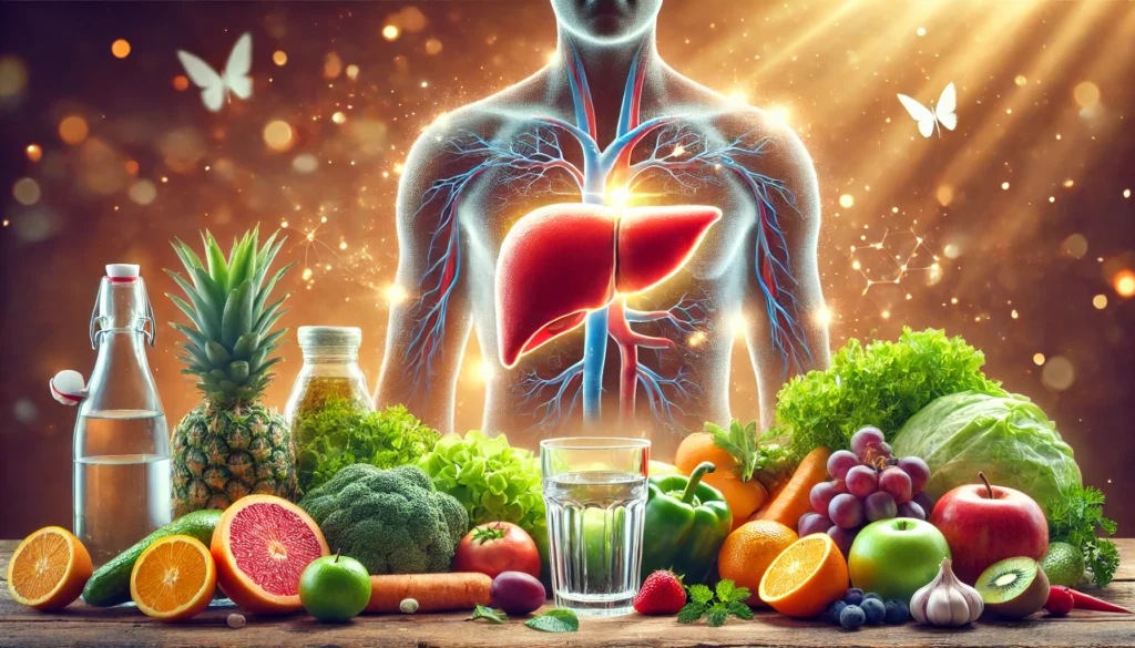 A vibrant, healthy human liver glowing with vitality, surrounded by fresh vegetables, fruits, and a glass of water, symbolizing nourishment and healing. The background features a warm, soft light representing recovery from fatty liver disease