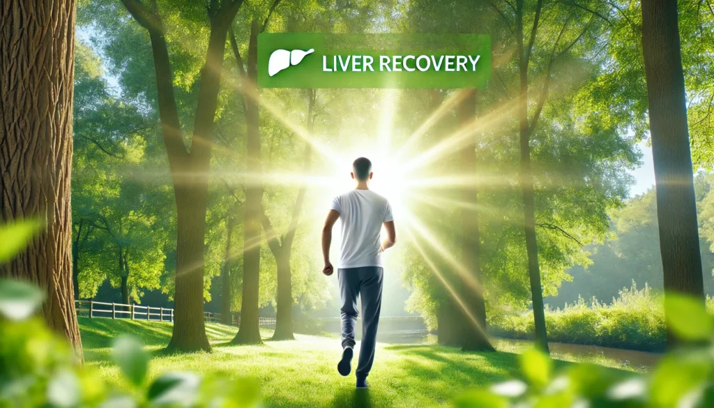 A person enjoying a refreshing morning walk in a lush green park, bathed in warm sunlight filtering through the trees. The scene represents improved energy levels, vitality, and overall well-being as signs of liver recovery