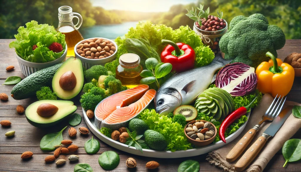 A beautifully arranged plate of nutrient-rich foods, including leafy greens, avocados, nuts, and fish, placed on a wooden table. The background features a calming natural setting, symbolizing a balanced diet that supports liver healing