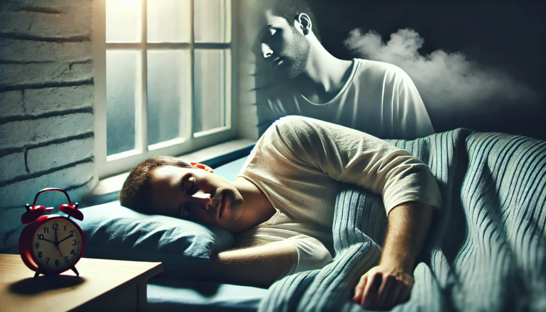 A person sleeping peacefully in a cozy, dimly lit bedroom, with soft moonlight streaming through the window. The serene atmosphere symbolizes deep, restful sleep as a key indicator of liver recovery and overall health improvement
