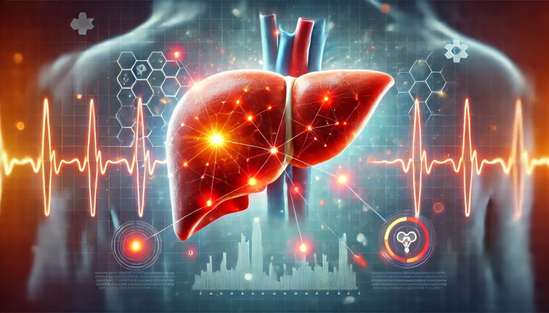A medical concept illustration of a human liver showing warning signs of liver disease. The liver appears inflamed with glowing red indicators surrounding it, symbolizing pain and dysfunction. The background features a medical gradient with abstract waveforms, suggesting diagnostic scans