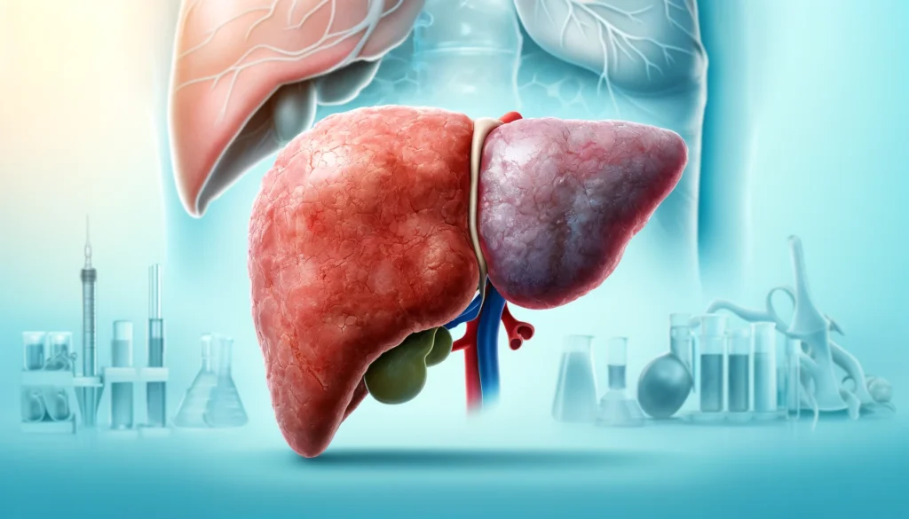 A detailed medical illustration comparing a diseased human liver to a healthy one. The diseased liver appears swollen, discolored, and rough with scarring, while the healthy liver looks smooth and vibrant. The background has a clinical setting with soft blue hues, representing medical diagnosis and treatment