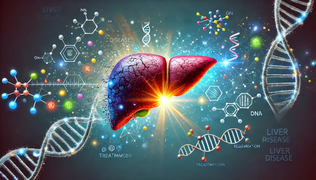 A conceptual illustration of liver disease treatment and recovery. A damaged liver is shown transitioning from a dark, scarred state to a healthy, vibrant organ. Surrounding it are glowing particles, DNA strands, and molecular structures representing treatment and regeneration