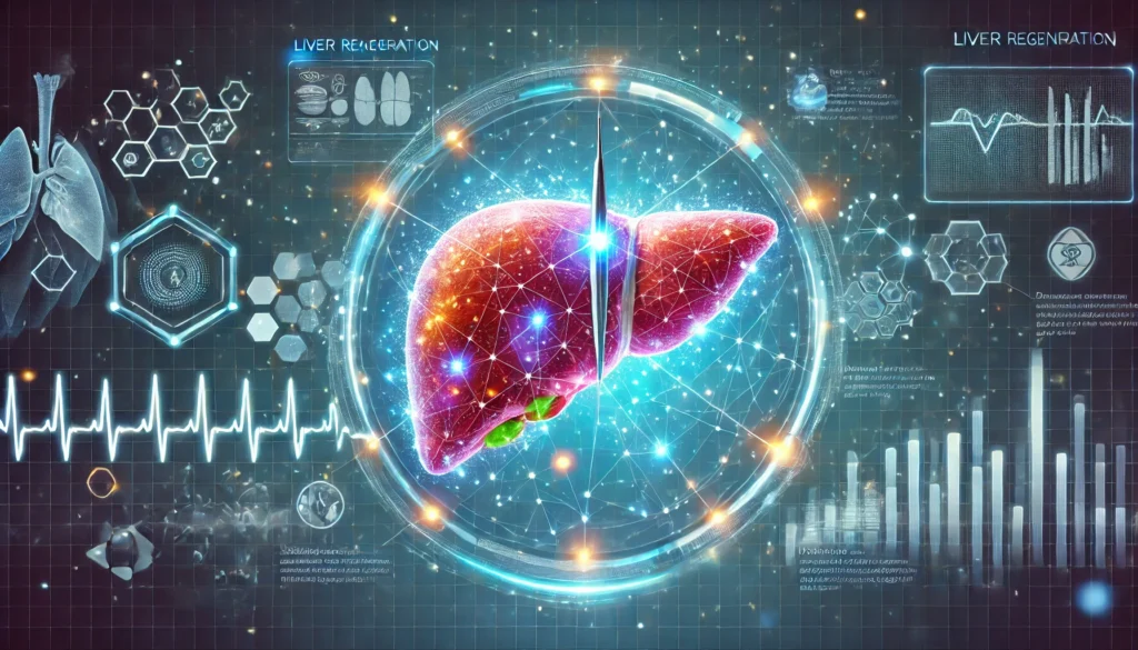 A futuristic medical visualization of liver regeneration. The image shows a liver being repaired at a microscopic level, with regenerating cells, glowing energy waves, and advanced medical technology elements. The background features a digital interface with holographic medical data, symbolizing cutting-edge treatment