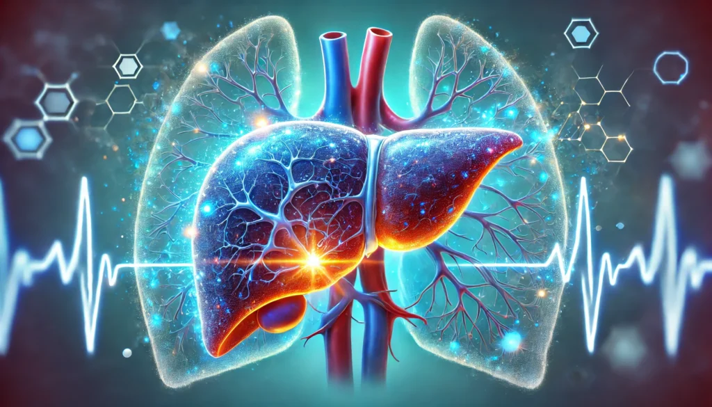 A realistic medical illustration of a regenerating human liver, showing healthy cells replacing damaged fibrotic tissue. The liver appears vibrant and glowing, symbolizing healing and recovery. The background is soft medical blue, representing scientific research and hope