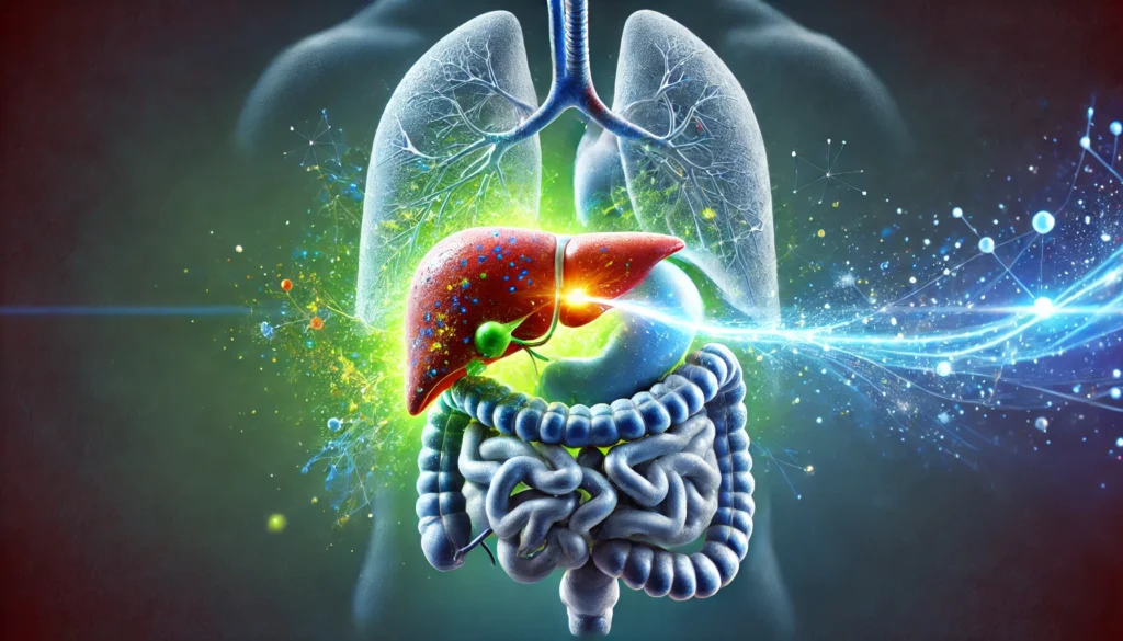 A conceptual illustration of liver detoxification, depicting toxins being flushed out through a glowing stream of purified energy. The liver is surrounded by a natural green and blue aura, symbolizing health, vitality, and renewal