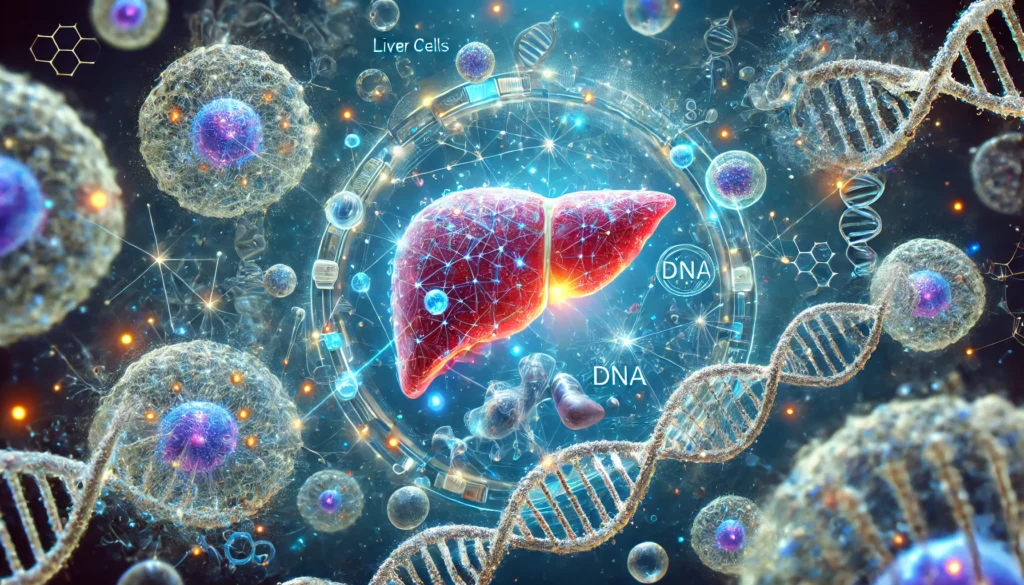 A futuristic scientific representation of liver cell regeneration, featuring microscopic liver cells repairing themselves. The image includes glowing molecules, DNA strands, and cellular structures actively healing, symbolizing the science behind liver recovery
