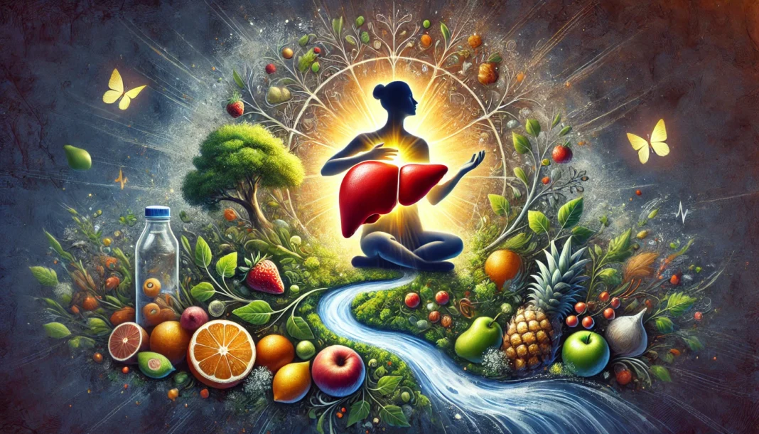 A symbolic artistic depiction of liver healing through a healthy lifestyle, featuring a person embracing a glowing liver, surrounded by nature, fresh fruits, vegetables, and clean water. The image represents the connection between nutrition, wellness, and liver regeneration