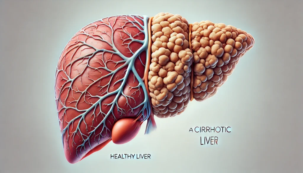 How Cirrhotic Liver Morphology Affects Detoxification: Understanding the Pathophysiology of Liver Cirrhosis 1 A detailed medical illustration comparing a healthy liver with a cirrhotic liver. The healthy liver appears smooth and uniform, while the cirrhotic liver looks shrunken, nodular, and fibrotic with a rough, irregular surface. This visual highlights the structural differences associated with liver cirrhosis