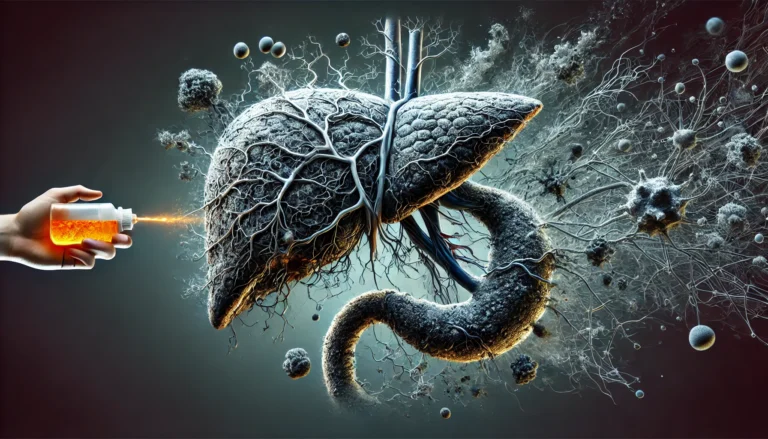 A conceptual artistic rendering of liver detoxification failure due to cirrhosis. The image portrays a deteriorating liver overwhelmed by toxins, with darkened, congested pathways and an impaired vascular network. The stark contrast between a functioning and failing liver emphasizes toxic overload and metabolic dysfunction in cirrhosis