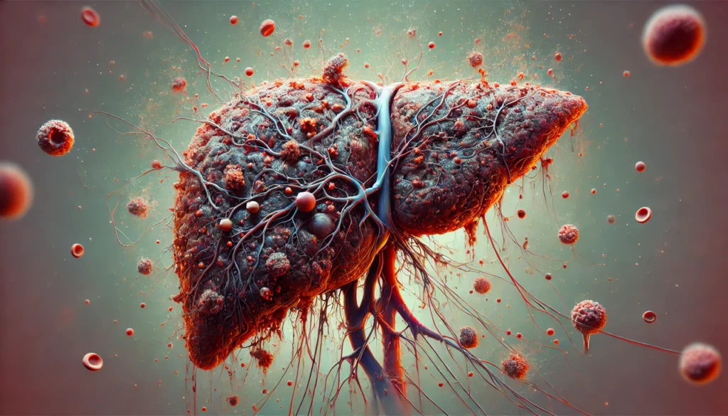 How Cirrhotic Liver Morphology Affects Detoxification: Understanding the Pathophysiology of Liver Cirrhosis 2 A surreal visualization of a liver overwhelmed by toxins due to cirrhosis. The liver appears darkened and fibrotic, with congested blood vessels and toxic substances pooling within. The image artistically represents the failure of detoxification, symbolizing the breakdown of liver function in cirrhosis