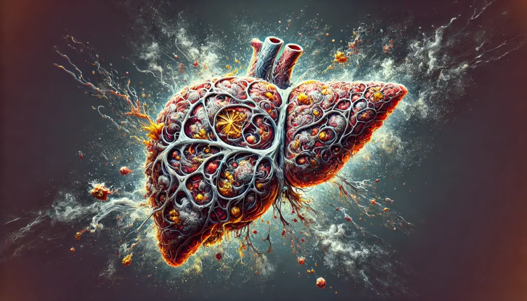How Cirrhotic Liver Morphology Affects Detoxification: Understanding the Pathophysiology of Liver Cirrhosis 3 An artistic interpretation of liver failure in cirrhosis, showing a brittle, fragmented liver engulfed in a swirling mix of toxins and fibrosis. Toxic elements seep through ruptured pathways, symbolizing the liver's struggle to detoxify harmful substances
