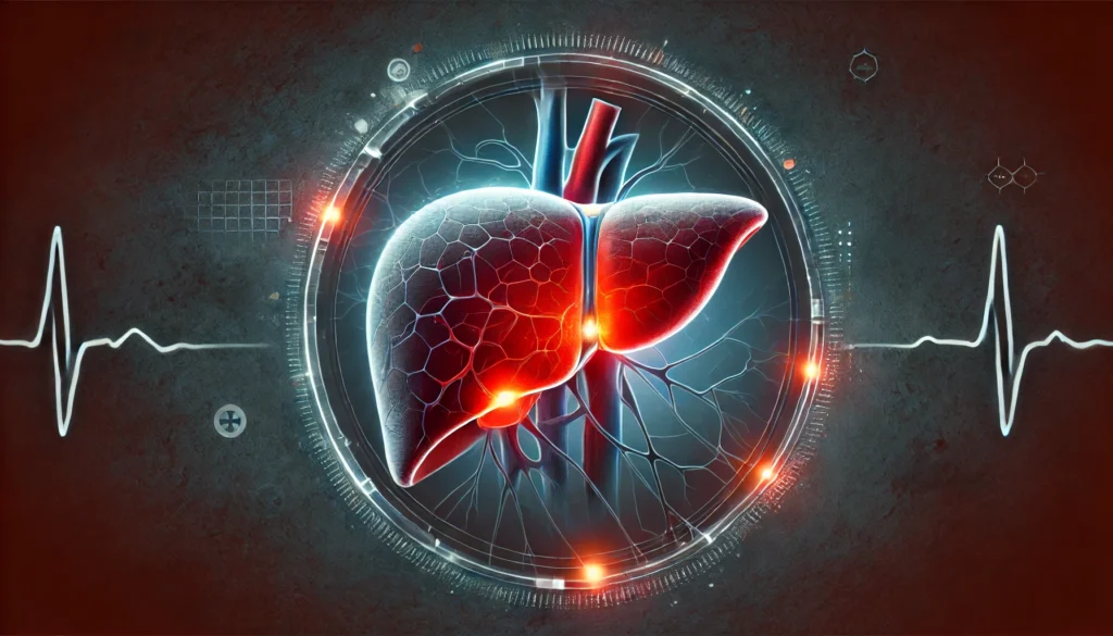 A digital illustration of an inflamed human liver, highlighted with a glowing red area to indicate pain. The semi-realistic rendering emphasizes liver anatomy and discomfort, set against a dark, moody background representing detoxification and recovery