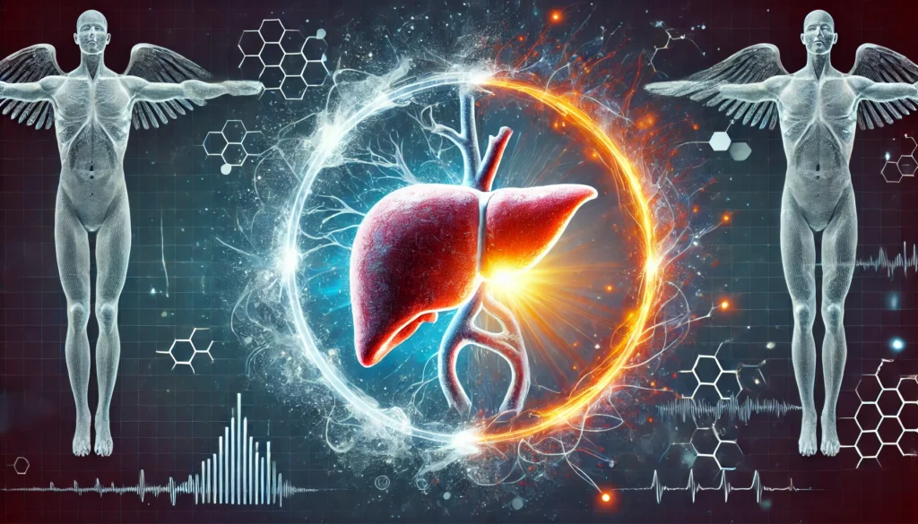A symbolic illustration of a liver transitioning from inflammation to healing, representing detox and recovery after quitting alcohol. The glowing energy effect around the organ highlights regeneration, with an abstract medical-themed background enhancing the theme of transformation