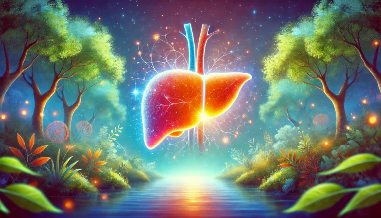 An uplifting digital artwork of a glowing, healthy liver in a serene, nature-inspired setting, symbolizing renewal and recovery after quitting alcohol. Soft lighting and vibrant colors enhance the sense of healing, with a subtle medical theme in the background representing detoxification and health improvement