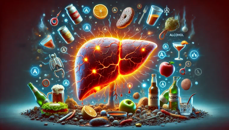 A conceptual medical illustration of an overworked liver, inflamed and surrounded by floating toxins, unhealthy food, and alcohol bottles. The liver appears burdened, glowing with exhaustion against a dark background