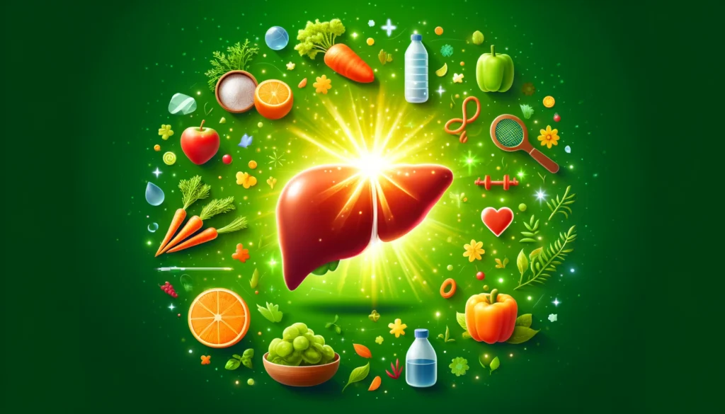 A vibrant illustration of a healthy liver glowing in a bright, green environment, surrounded by fresh vegetables, water, exercise symbols, and herbal remedies. The liver appears rejuvenated, symbolizing wellness and balance