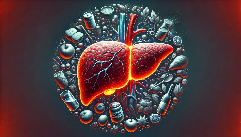 A medical conceptual illustration of an overworked liver appearing swollen and inflamed, surrounded by toxins, fatty foods, and alcohol. The liver glows red against a dark background, emphasizing stress and exhaustion