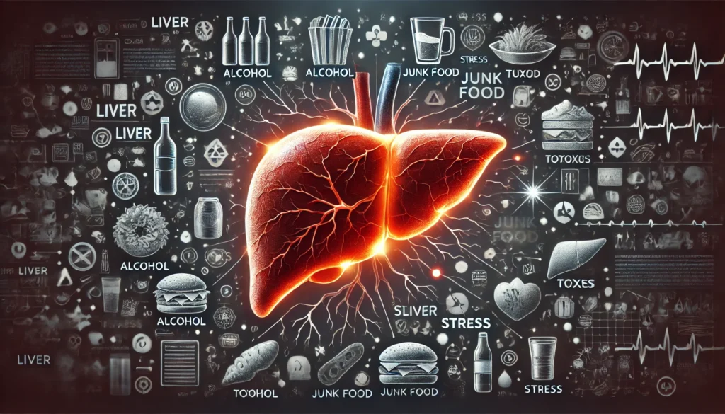 A detailed medical illustration of an overburdened liver, enlarged and struggling, surrounded by harmful elements like alcohol, junk food, toxins, and stress indicators. The liver glows red against a dark background, emphasizing inflammation and strain