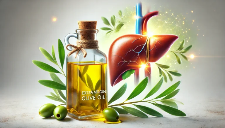 A glass bottle of golden extra virgin olive oil sits beside a fresh green olive branch. In the background, a glowing, healthy human liver symbolizes the benefits of olive oil for liver health. The scene is illuminated with soft natural lighting, creating a clean and modern composition