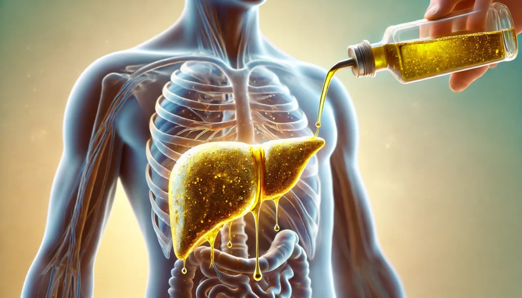 A stream of golden olive oil is being poured over a semi-transparent human liver, visually representing detoxification. The liver appears cleansed, glowing, and rejuvenated. The background is soft and abstract, reinforcing the theme of health and wellness