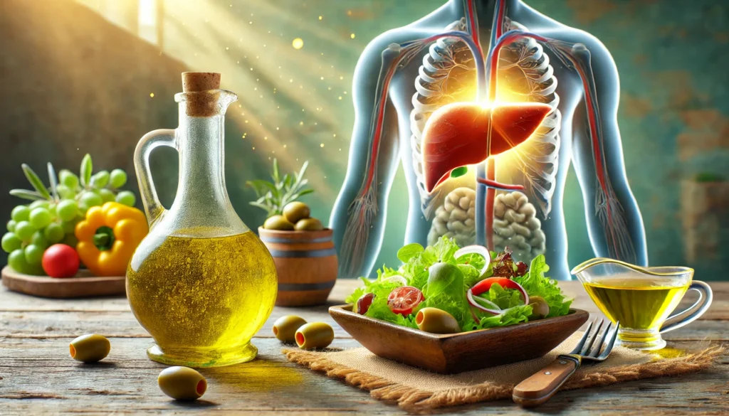 A Mediterranean-inspired meal featuring a fresh salad drizzled with olive oil, a small bowl of olives, and a bottle of extra virgin olive oil on a wooden table. In the background, a glowing artistic representation of a healthy human liver symbolizes the liver-boosting benefits of olive oil. The setting is bright and appetizing
