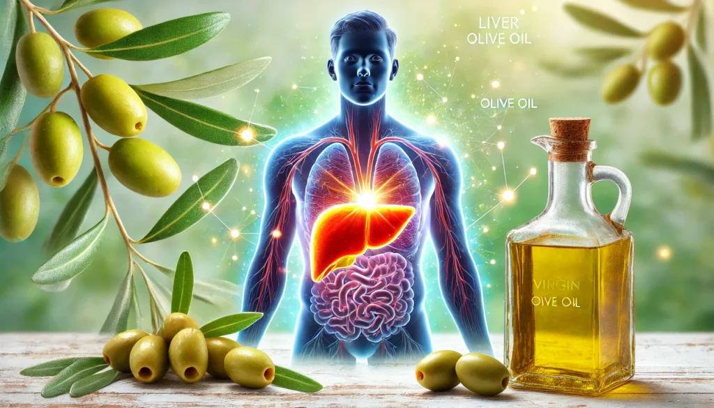 A wellness-themed illustration of a glowing human silhouette with a vibrant, healthy liver at its center. Surrounding it are fresh green olives and a bottle of golden extra virgin olive oil, symbolizing nourishment and liver healing. The soft, natural background enhances the theme of well-being and health