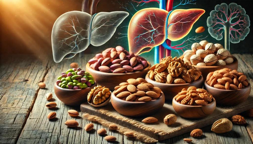 Are Nuts Good for Fatty Liver? Exploring the Best Choices for Liver Health 2 A vibrant and healthy assortment of nuts, including almonds, walnuts, and pistachios, elegantly arranged in wooden bowls on a rustic table. Soft natural light enhances the textures and rich colors of the nuts, while a subtle illustration of a healthy liver in the background symbolizes the theme of liver health