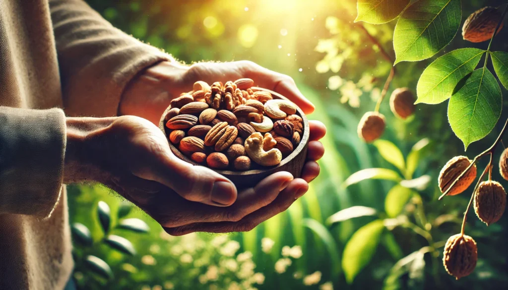 Are Nuts Good for Fatty Liver? Exploring the Best Choices for Liver Health 1 A close-up of a human hand holding a handful of mixed nuts, including almonds, walnuts, and cashews, against a softly blurred background of green foliage. Warm natural light highlights the textures and earthy tones of the nuts, conveying a sense of freshness and health benefits for liver wellness