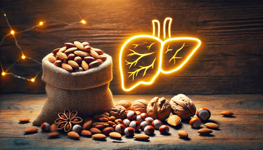 A visually appealing still life of a variety of nuts, including almonds, walnuts, and hazelnuts, spilling out of a burlap sack onto a rustic wooden surface. A soft glowing healthy liver shape subtly blends into the background, symbolizing the benefits of nuts for liver health. The warm lighting enhances the wholesome and nutritious atmosphere