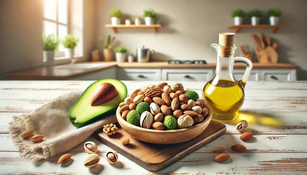 Are Nuts Good for Fatty Liver? Exploring the Best Choices for Liver Health 3 A beautifully arranged plate of assorted nuts, including almonds, walnuts, and pistachios, placed next to a fresh avocado and an olive oil bottle, symbolizing a liver-friendly diet. The setting is a clean, modern kitchen with soft lighting, emphasizing a nutritious and health-conscious lifestyle