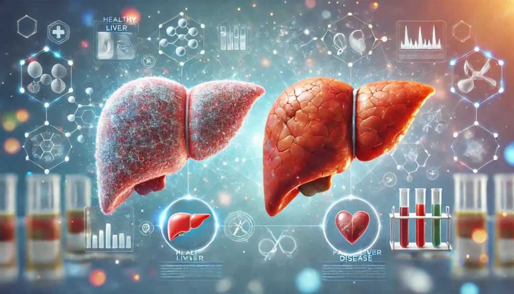 Life Expectancy with Fatty Liver Disease: What You Need to Know and How to Improve It 3 A medical illustration comparing a healthy liver with one affected by fatty liver disease, showing differences in color and texture, symbolizing disease progression in a futuristic medical setting
