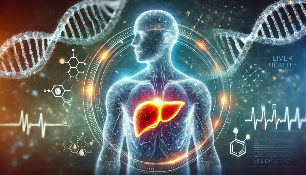 Life Expectancy with Fatty Liver Disease: What You Need to Know and How to Improve It 2 A futuristic concept of human longevity and liver health, featuring a glowing liver inside a transparent human silhouette, with DNA strands and healthy lifestyle elements in the background