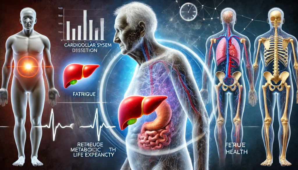 Life Expectancy with Fatty Liver Disease: What You Need to Know and How to Improve It 1 A dramatic visualization of liver disease progression, showing an elderly person with a semi-transparent body revealing a liver with fatty deposits, illustrating its impact on overall health and life expectancy