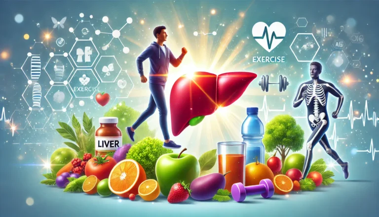A hopeful depiction of liver health improvement, showcasing a person making healthy lifestyle choices with fruits, vegetables, exercise, and hydration, symbolizing recovery and increased life expectancy