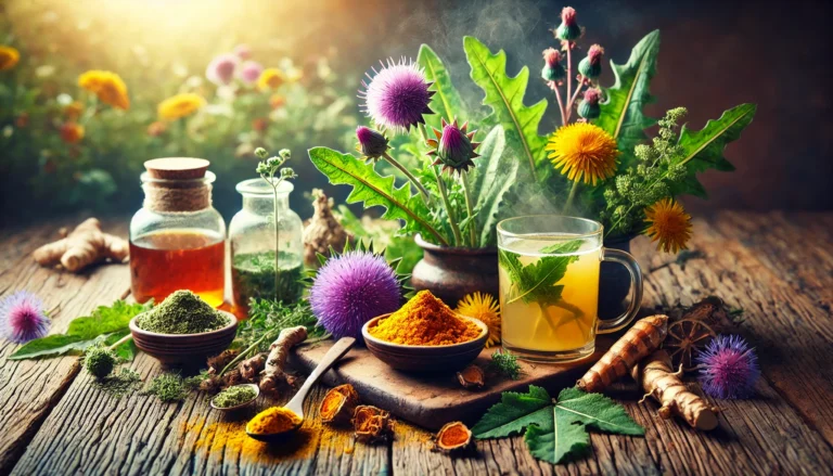 A rustic still life of fresh herbs for liver detoxification, including milk thistle, dandelion, turmeric root, and burdock root, arranged on a wooden surface. Small bowls contain powdered herbs, with a steaming glass of herbal infusion beside them, illuminated by warm natural light