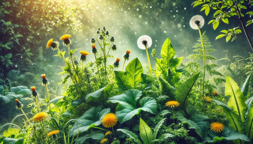 Best Herbs for Liver Detoxification: Natural Remedies to Support Liver Health 1 A lush garden filled with medicinal herbs for liver detoxification, including milk thistle, dandelion, and burdock root, bathed in natural sunlight. Dewdrops shimmer on the leaves, with a soft mist rising in the background, creating a tranquil and healing ambiance