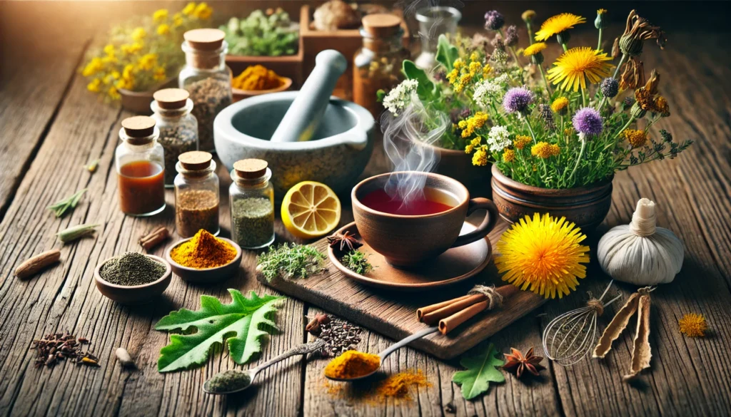 Best Herbs for Liver Detoxification: Natural Remedies to Support Liver Health 2 A steaming cup of herbal tea made with liver-detoxifying herbs such as dandelion, turmeric, and milk thistle, placed on a rustic wooden table. Surrounding the tea are fresh and dried herbs, a mortar and pestle, and small glass jars of herbal extracts, all bathed in soft natural lighting for a warm and healing ambiance