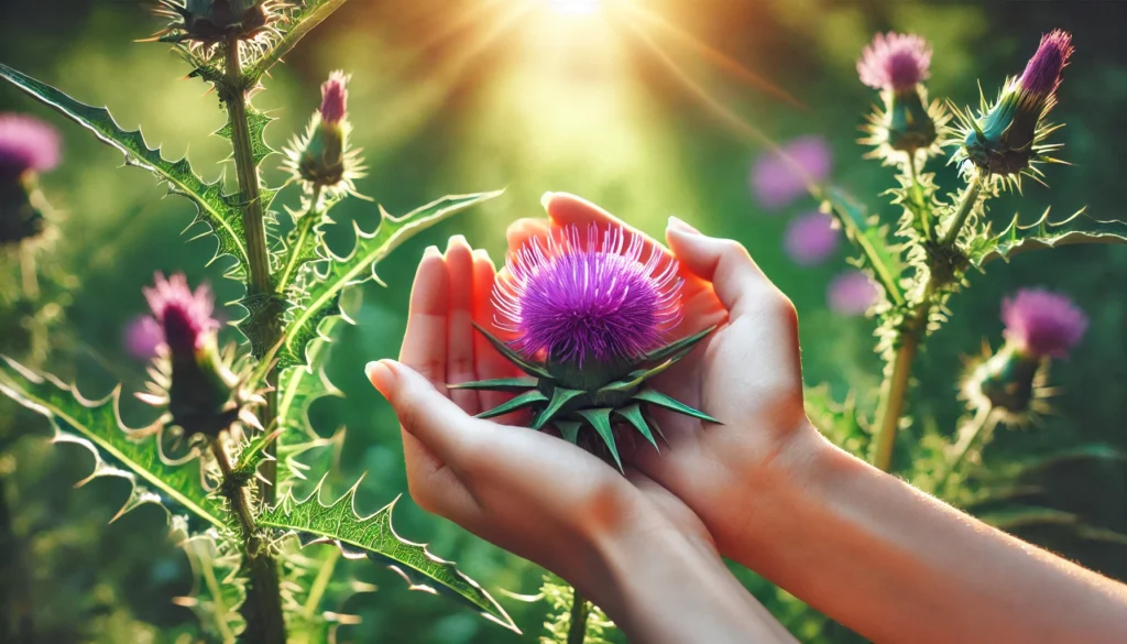 Best Herbs for Liver Detoxification: Natural Remedies to Support Liver Health 3 A close-up of hands gently holding a vibrant purple milk thistle flower, symbolizing natural liver detoxification. The spiky green leaves contrast beautifully against a softly blurred green background, with sunlight filtering through to create a warm, healing glow