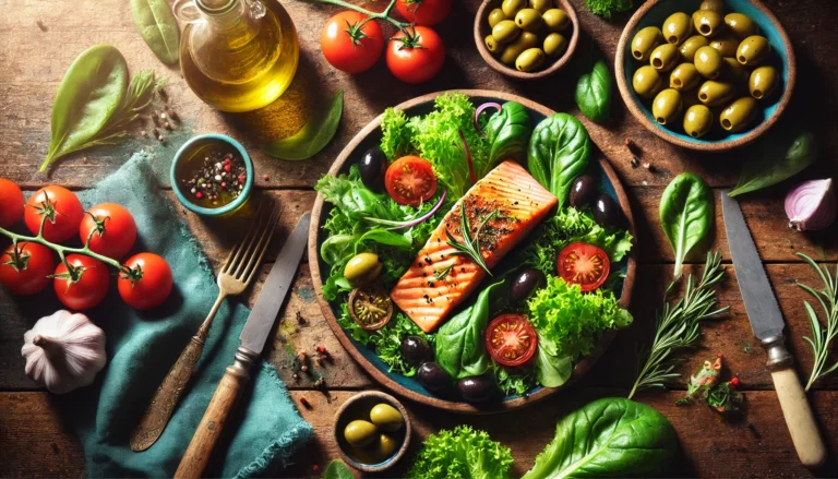 A vibrant Mediterranean meal spread featuring grilled salmon, fresh leafy greens, olives, tomatoes, and olive oil on a rustic wooden table, illuminated by warm natural light, symbolizing liver health and detox