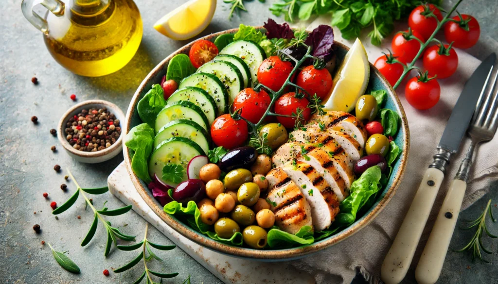 Mediterranean Diet for Fatty Liver: Expert-Approved Meal Plan for Liver Health & Detox 1 A colorful Mediterranean salad bowl with leafy greens, cherry tomatoes, cucumbers, olives, chickpeas, and grilled chicken, drizzled with olive oil, set on a rustic stone countertop with fresh herbs and lemon