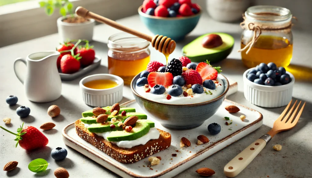 Mediterranean Diet for Fatty Liver: Expert-Approved Meal Plan for Liver Health & Detox 2 A Mediterranean breakfast spread with Greek yogurt topped with fresh berries, nuts, and honey, alongside whole-grain toast with avocado, cherry tomatoes, and olive oil, set on a sunlit kitchen table