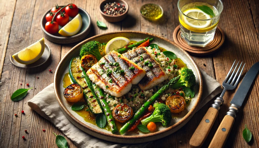 Mediterranean Diet for Fatty Liver: Expert-Approved Meal Plan for Liver Health & Detox 3 A beautifully plated Mediterranean grilled fish dish with roasted vegetables, quinoa, and olive oil, garnished with fresh herbs, served on a ceramic plate with a glass of lemon-infused water on a rustic wooden table