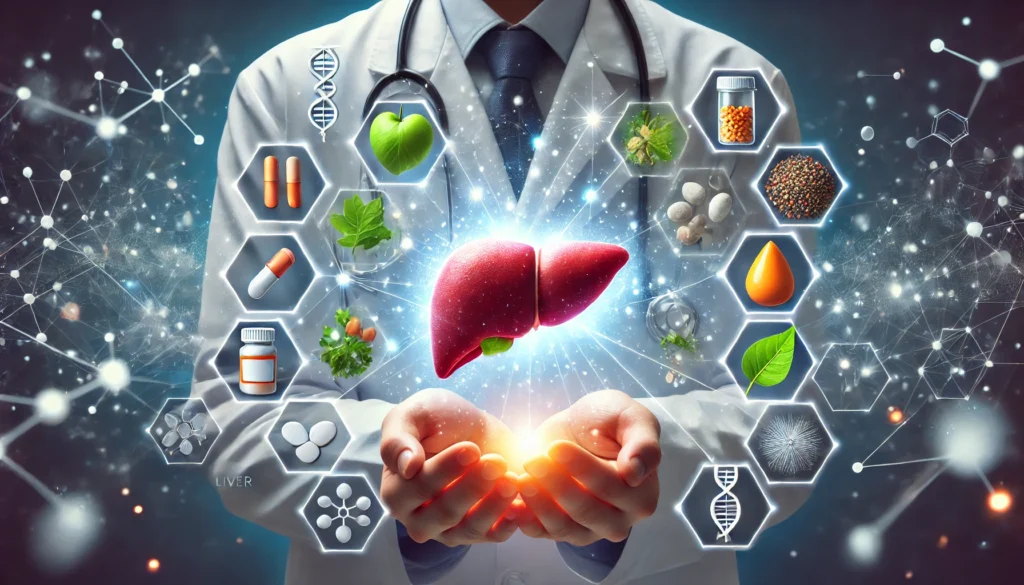 Best Medication for Fatty Liver: Expert Insights on Treatment Options and Liver Health 2 A doctor holding a glowing, healthy liver in their hands, symbolizing expert guidance in fatty liver treatment, surrounded by floating elements of prescription pills, natural herbs, and healthy food choices