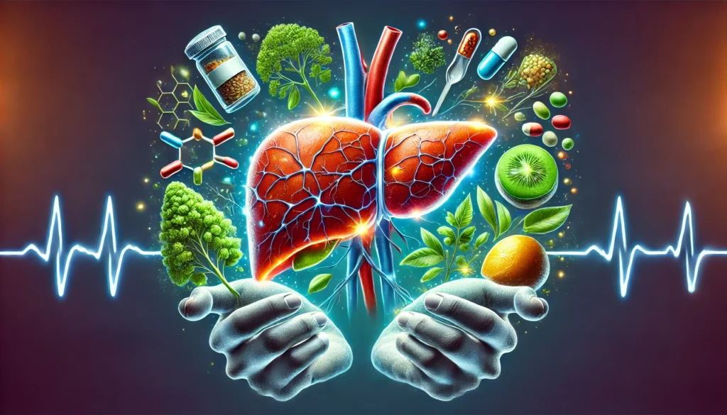 Best Medication for Fatty Liver: Expert Insights on Treatment Options and Liver Health 3 An artistic medical illustration of a vibrant, detoxified liver being nourished by pharmaceutical medication, herbal treatments, and nutritious food, with glowing effects symbolizing improved health and treatment success