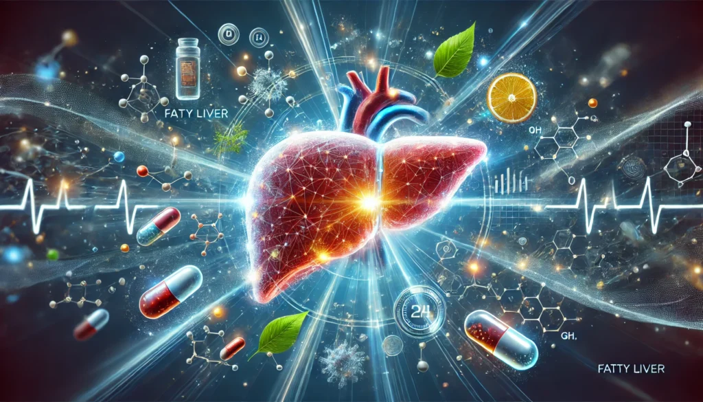 A futuristic medical visualization of a liver undergoing treatment, featuring dynamic light effects symbolizing detoxification and healing, surrounded by molecules, medical capsules, and herbal extracts