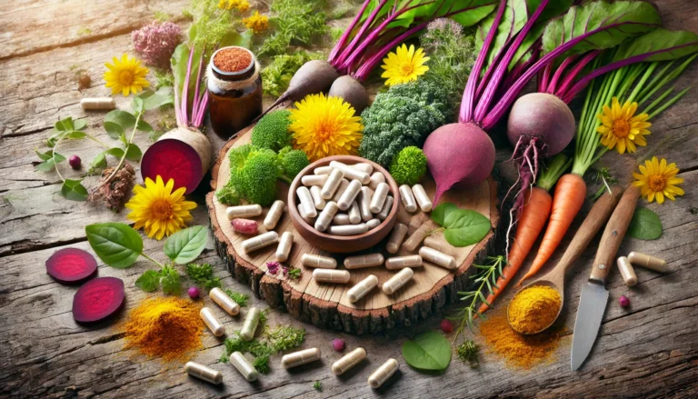 A visually appealing display of liver-supporting supplements, including milk thistle, turmeric, dandelion root, and beetroot, arranged on a rustic wooden background with soft natural lighting, symbolizing detox and liver health