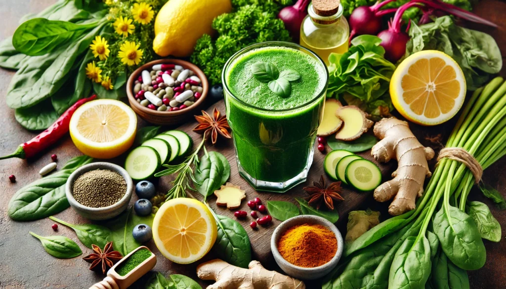 Top 10 Supplements for Liver Health: Expert-Recommended Picks for Detox & Wellness 1 A close-up of a detoxifying green smoothie made with liver-friendly ingredients such as spinach, lemon, ginger, and turmeric, surrounded by fresh herbs and natural supplements, representing liver detox and wellness