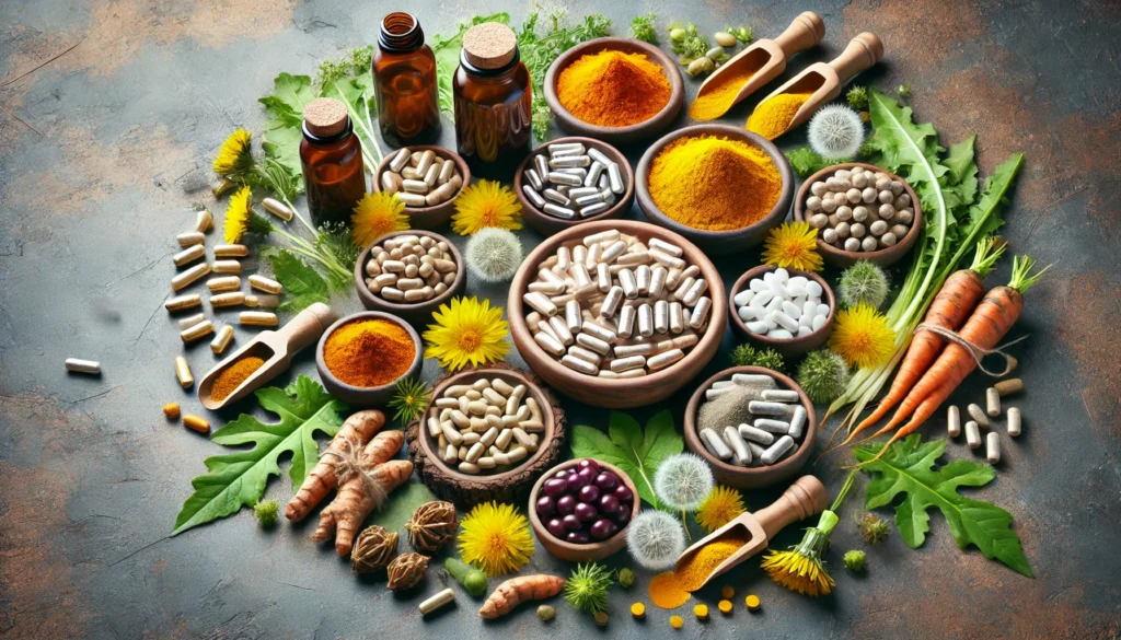 Top 10 Supplements for Liver Health: Expert-Recommended Picks for Detox & Wellness 2 A visually rich display of liver health supplements in capsule, powder, and liquid forms, arranged in wooden bowls and glass jars, surrounded by fresh turmeric, milk thistle seeds, dandelion roots, and leafy greens, symbolizing natural detox and liver wellness
